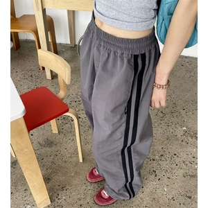 冰丝速干条纹裤子男秋季薄款多巴胺美式潮牌宽松直筒休闲运动长裤图片