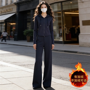 欧货时尚休闲运动套装秋冬新款女连帽拉链开衫卫衣直筒长裤两件套图片