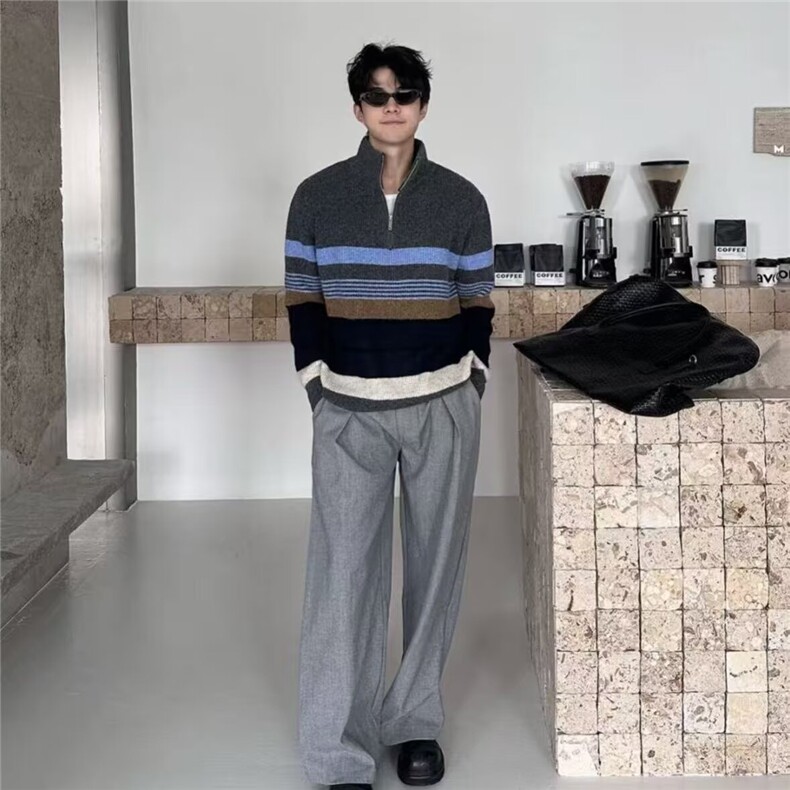 立领条纹毛衣新款韩版潮流宽松套头半拉链针织衫上衣MYF307,男装针织衫/毛衣,星座516A
