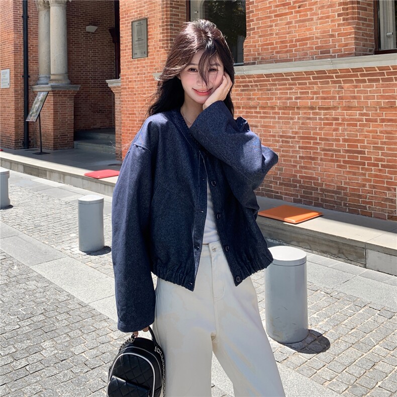 深蓝色休闲短款牛仔外套女春秋2025新款超火好看印花拼接夹克上衣,女装短外套,维壹