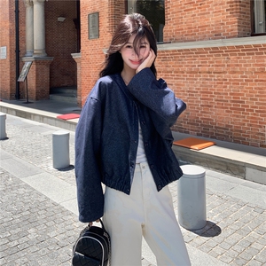深蓝色休闲短款牛仔外套女春秋2025新款超火好看印花拼接夹克上衣图片