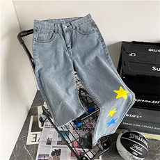 美式高街嘻哈星星印花春秋牛仔裤设计感宽松直筒阔腿裤子~CN1707，男装牛仔裤，星座601-2