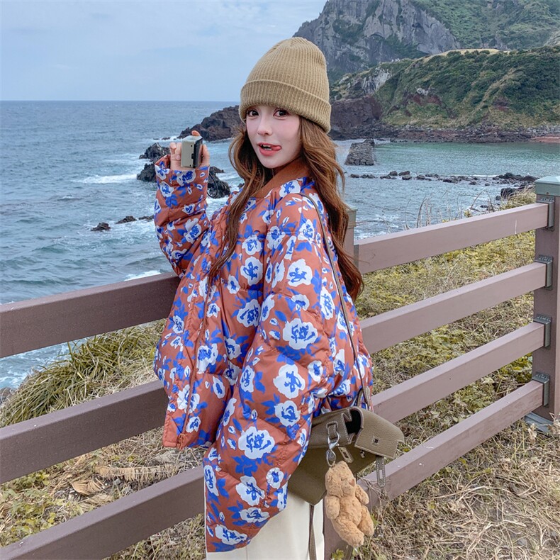 设计感撞色印花90白鸭绒羽绒服2025冬季新款时尚小众立领保暖外套,女装羽绒服,2C196