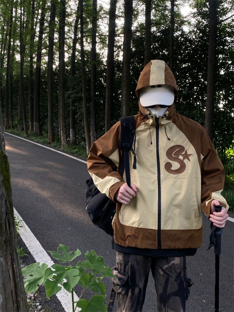 春秋冬款工装连帽夹克潮流拼色宽松百搭户外冲锋衣外套Z211-P65,男装夹克,星座1007（原301D）