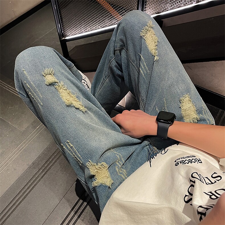 高街潮流夏季破洞牛仔裤百搭宽松九分裤，男装牛仔裤，电商A409-1