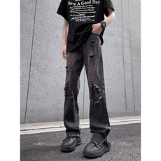 美式高街喷漆破洞牛仔裤男拉链设计开叉微喇宽松直筒裤G198-P48，男装牛仔裤，星座1001-1