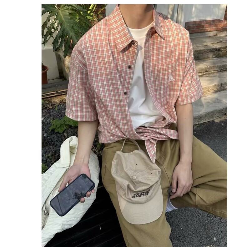 百搭时尚新款美式复古刺绣绿色格子短袖衬衫气质文艺CHT204,男装T恤,星座208-5