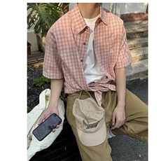 百搭时尚新款美式复古刺绣绿色格子短袖衬衫气质文艺CHT204，男装T恤，星座208-5