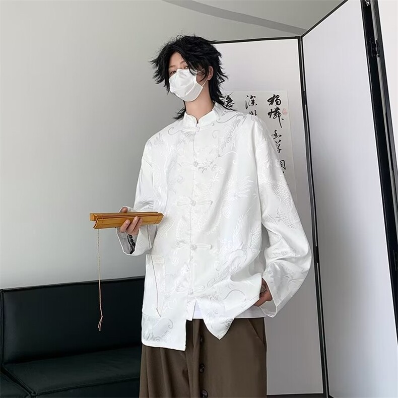 新中式男装风衬衫男短袖浮雕白色衬衣改良中山装外套CA2,男装衬衫,星座1116A-1（原606A）