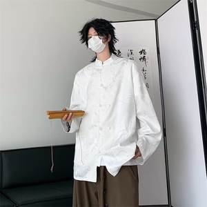 新中式男装风衬衫男短袖浮雕白色衬衣改良中山装外套 CA2图片
