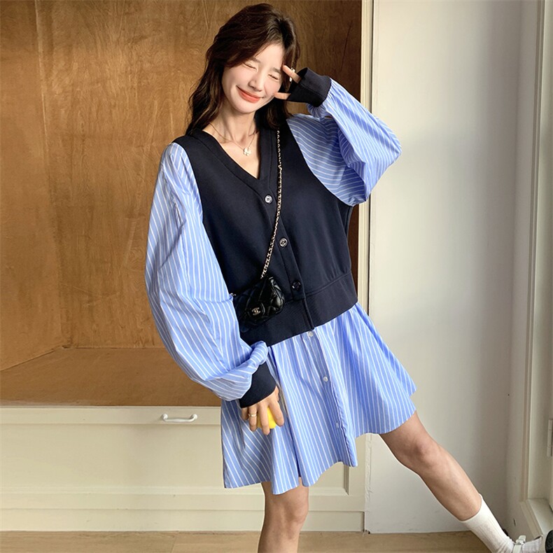 秋款现货！蓝色条纹拼接马甲假两件连衣裙B208-9008-P145K188，女装连衣裙，浙宝208