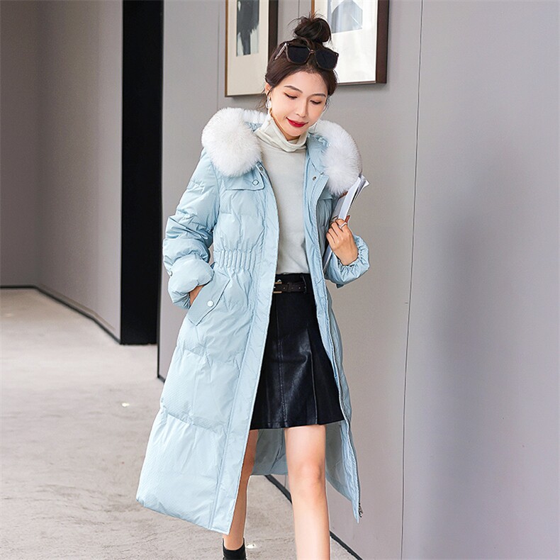羽绒服新款2022年女装腰间抽绳修身可脱卸真狐狸毛领长款90白鸭绒,女装羽绒服,卡杰菲