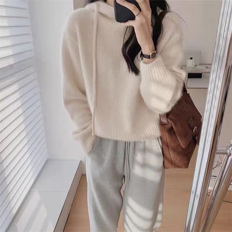 秋冬新款连帽针织加厚套头毛衣女帽衫短款打底羊毛衫，女装羊毛衫，思途羊绒