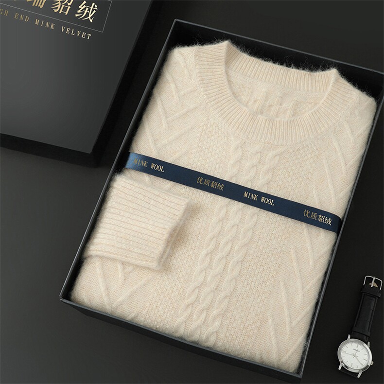高品质秋冬新款男士圆领貂绒衫时尚百搭保暖针织毛衣高端礼盒包装,男装针织衫/毛衣,冬贝尔貂绒