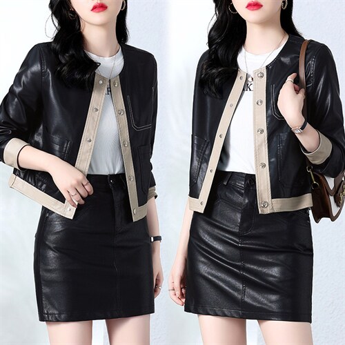 现货主推2022年秋季新款修身显瘦显高拼接皮衣外套女两件套，女装套装/套裙，潮流依族