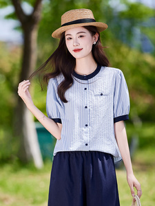 棉麻女夏季2025新款大方得体穿搭一整套短袖衬衫休闲裤图片