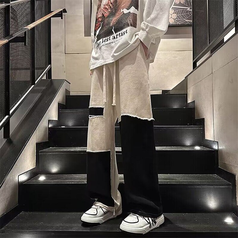 拼接撞色工装裤男复古直筒宽松阔腿裤高街潮流休闲长裤KK356-P45图片