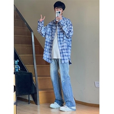 美式街头秋冬扎染水洗格子衬衫外套男高级宽松外搭设计感长袖外套，男装衬衫，星座506A