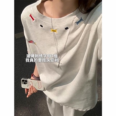 美式重磅做旧绣花短袖t恤圆领宽松半袖情侣上衣T3684-特价P35，男装T恤，电商A007