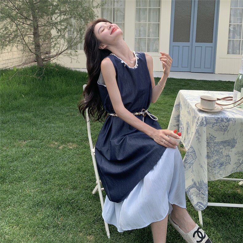 法式亮片拼接无袖假两件背心裙女2025夏季新款设计感小众连衣裙潮,女装连衣裙,2C232
