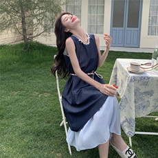 法式亮片拼接无袖假两件背心裙女2025夏季新款设计感小众连衣裙潮，女装连衣裙，2C232