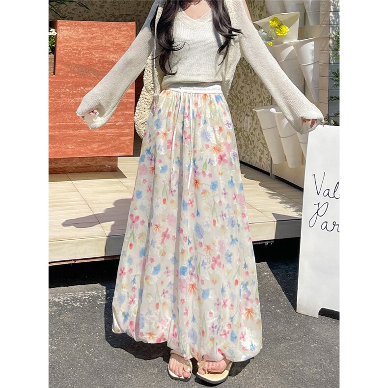 碎花花苞半身裙女2025新款夏季高腰中长款时尚减龄抽绳a字蓬蓬裙，女装半身裙，星座1210-1