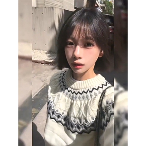 重磅秋冬装北极绒套头毛衣美式复古休闲慵懒风提花工艺针织衫外套图片