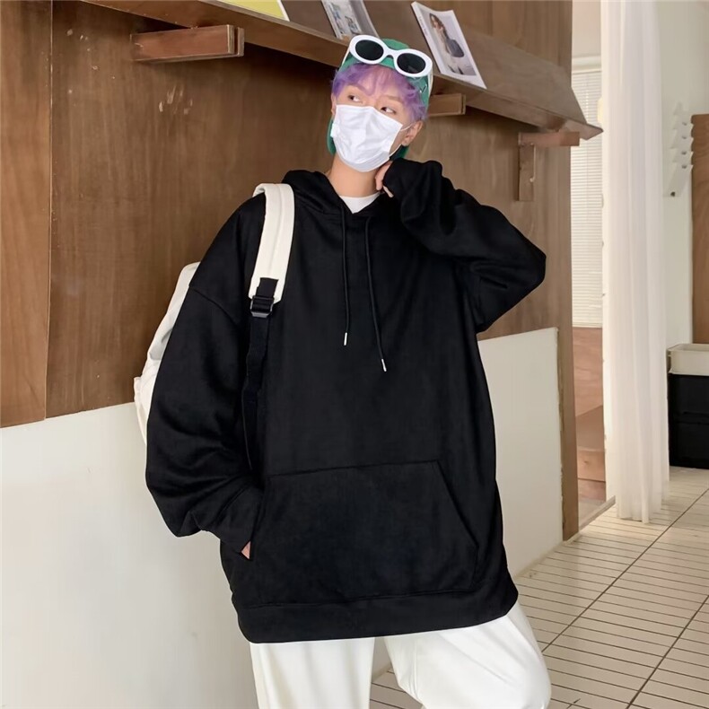 美式麂皮绒卫衣男生秋季上衣连帽痞帅气宽松外套潮日常J01/P45图片