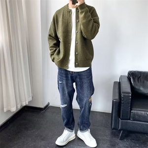 秋冬季新款开衫毛衣男生韩系时尚青年百搭休闲纯色慵懒风针织外套图片