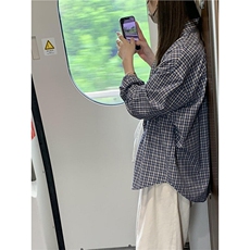 蓝色格子衬衫春夏装叠穿衬衣小众设计感上衣休闲长袖外套C16p38，男装衬衫，电商D315