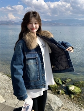 美式复古毛领羽绒内胆牛仔外套女中长小个子派克新款2025年冬季，女装羽绒服，艾米莉亚