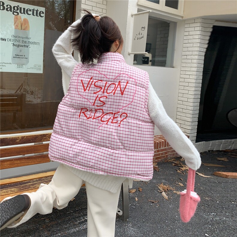 粉色可爱甜妹格子两面穿马甲休闲裤两件套女秋冬2025新款爆款套装,女装棉衣/棉服,2D148