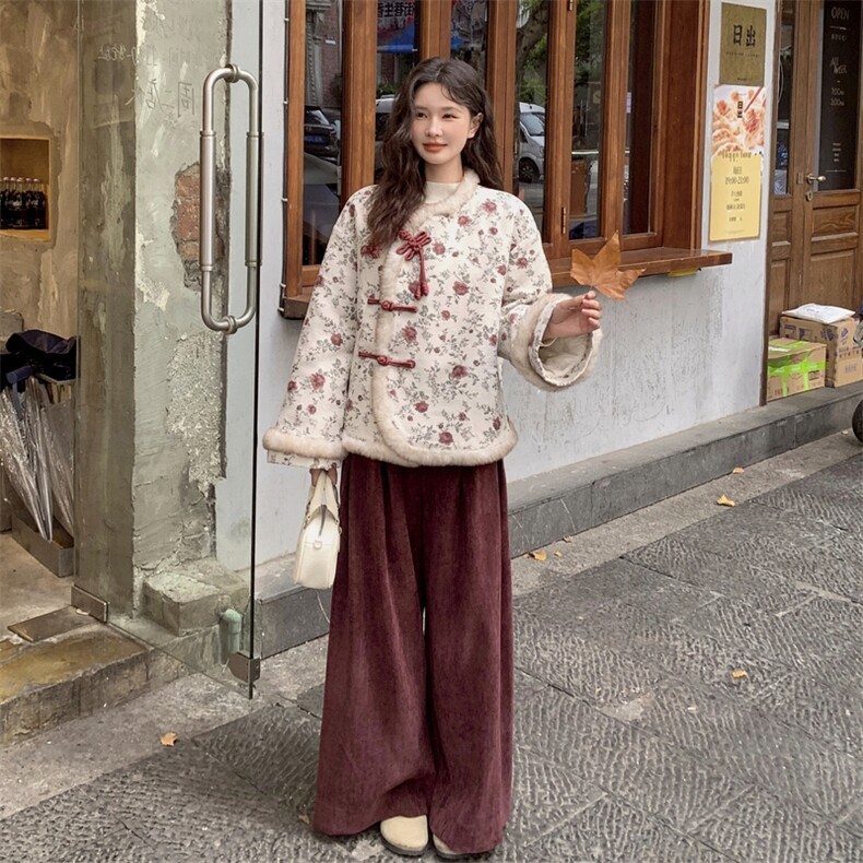 新中式风印花羽绒服两件套女加厚阔腿裤,女装羽绒服,2C120