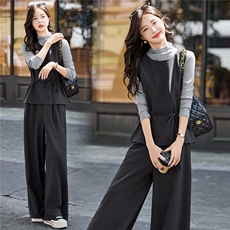 春秋套装裤女2025新款复古小香风绑带收腰打底衫马甲阔腿裤套装裙，女装套装/套裙，流量+