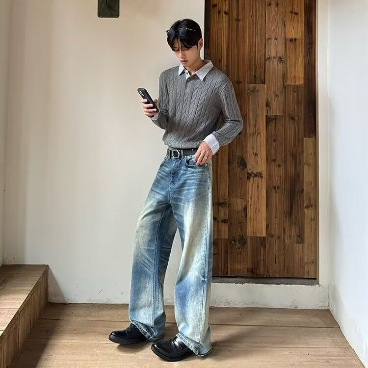 复古美式水洗蓝色牛仔裤男春秋季设计感潮牌宽松直筒阔腿休闲裤子,男装牛仔裤,星座302B