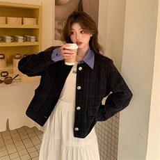 藏青色小香风外套女春季2025新款韩系小个子设计感假两件短款上衣，女装短外套，2C122