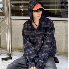 JY374-P62美式复古格子连帽衬衫男女长袖高级感衬衣，男装衬衫，星座1501-3