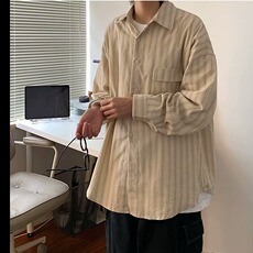 日系复古灯芯绒条纹长袖衬衫男女春秋小清新学院风宽松休闲衬衣潮，男装衬衫，星座506A