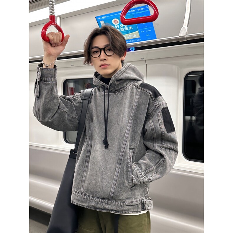 【有货】拼接牛仔卫衣男款春秋高级感痞帅水洗夹克JK8622LL-特P75图片