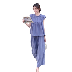 现货!套装女夏气质飞飞袖上衣阔腿长裤两件套5076P125K178图片