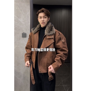 抖音冬季潮流美式复古水洗毛领牛仔棉服外套M222-P165 网图图片