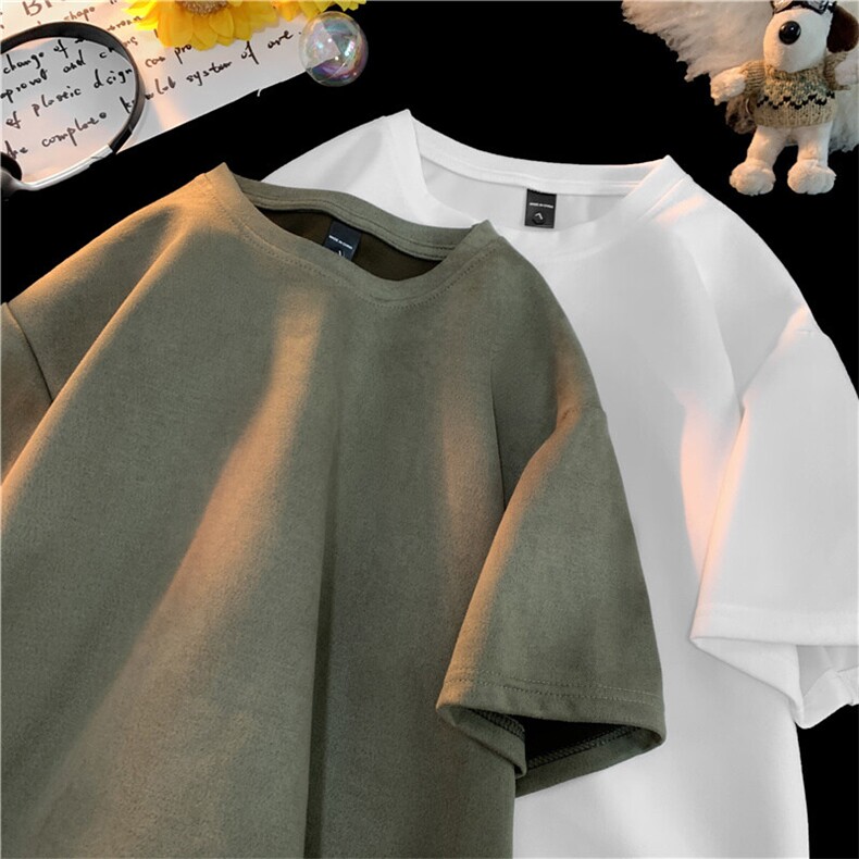 抖音得物直播高品质二开240克美式高街麂皮绒光版纯色短袖t恤12.5，男装T恤，电商A486