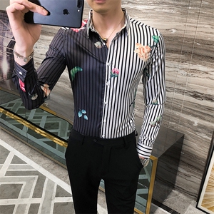 2021春秋男衬衫英伦长袖上衣条纹男装韩版修身四季潮流衬衣H603-P55图片