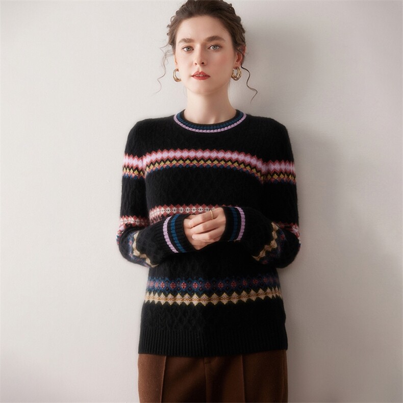 条纹撞色100%山羊绒衫女圆领拼色加厚毛衣2025新款秋冬针织打底衫，女装针织衫/毛衣，美创羊绒