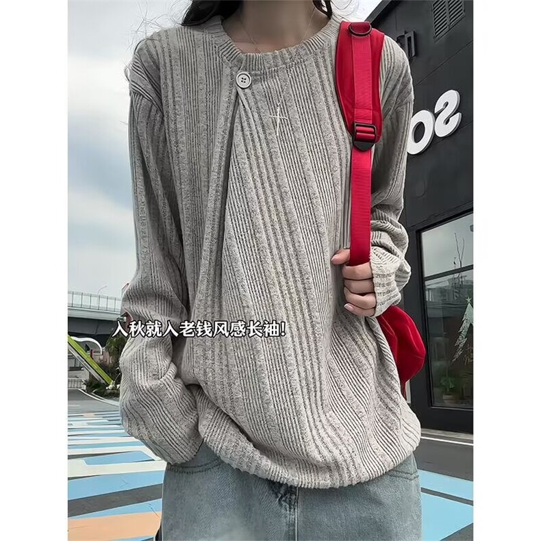 WY44-P382025秋华夫格亨利领长袖T恤男士百搭宽松复古体恤衫，男装T恤，电商B323A