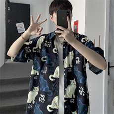 潮牌ins衬衫男港风百搭猫印花宽松半袖帅气休闲短袖衬衣W651-P28，男装衬衫，星座512-2