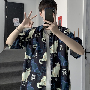 潮牌ins衬衫男港风百搭猫印花宽松半袖帅气休闲短袖衬衣 W651-P28图片