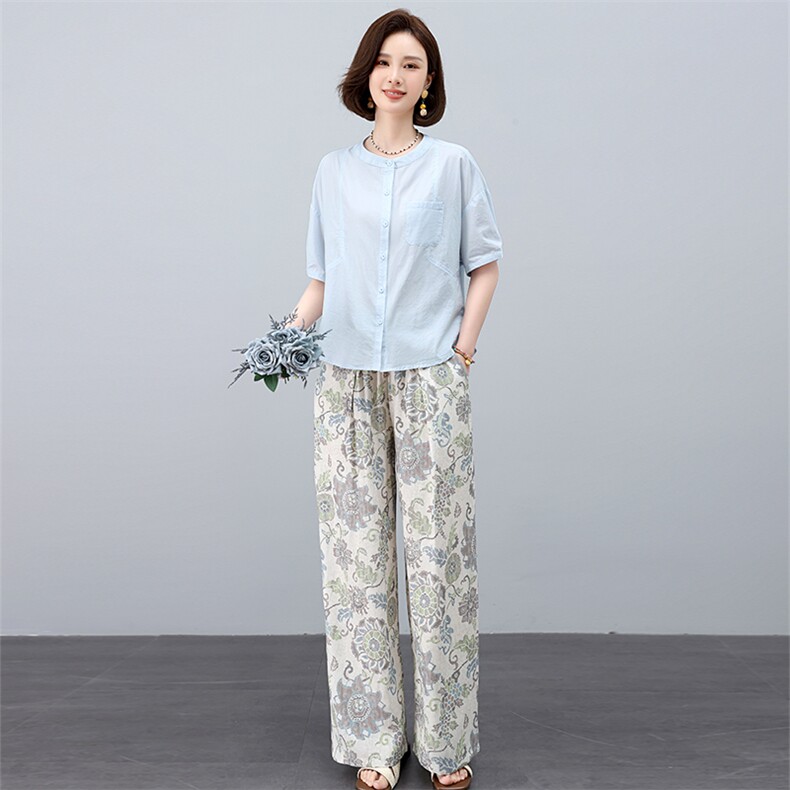 叶笙衣套装2537-151宽松纯色棉上衣复古印花裤套装,女装套装/套裙,叶笙衣