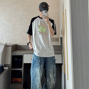抖音得物品质二开240克宽松纯棉美式潮牌插肩三杠织带短袖T恤图片