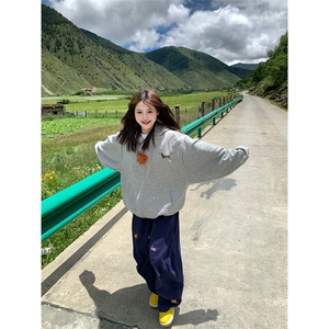 美式复古连帽卫衣女春秋新款宽松oversize学院风休闲百搭上衣外套图片
